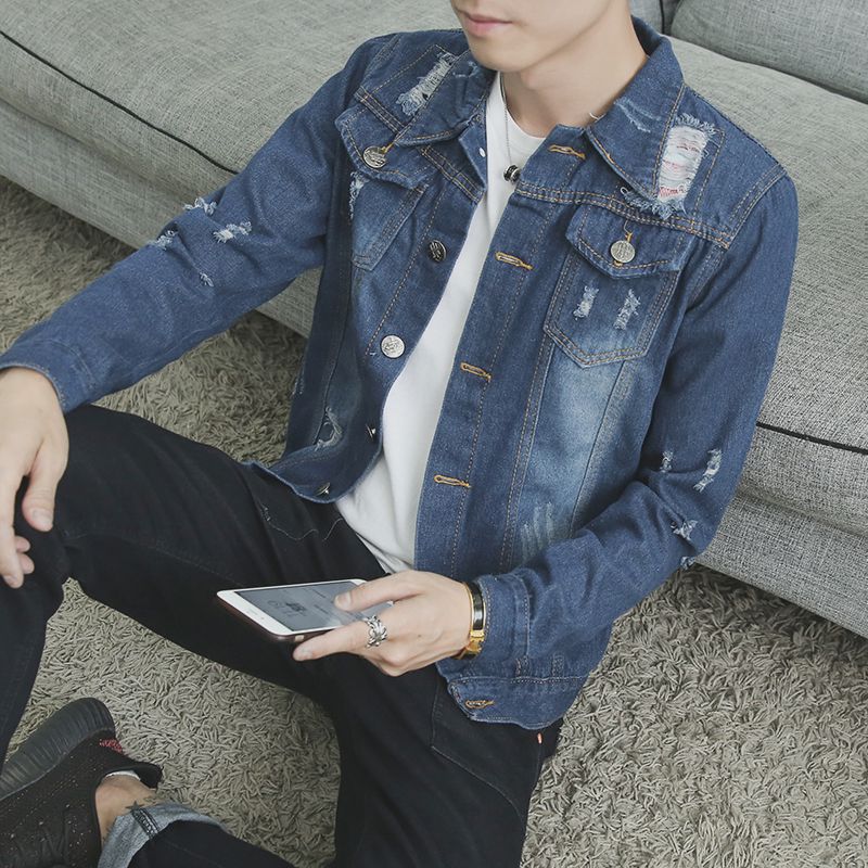 Mùa xuân phần mỏng denim jacket nam slim jacket Hàn Quốc phiên bản của xu hướng của thanh niên đẹp trai hoang dã áo giản dị