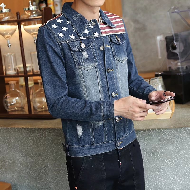 Thêu denim áo khoác nam xã hội tinh thần chàng Slim áo khoác Hàn Quốc phiên bản của xu hướng của người đàn ông màu đỏ nhanh chóng với cùng một đoạn