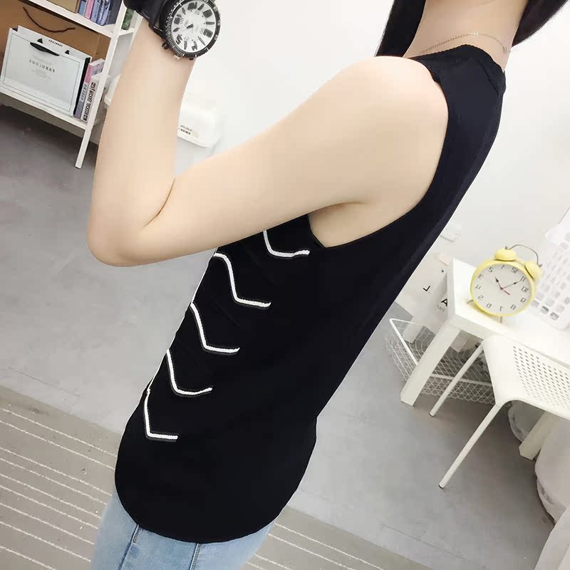 sling trắng vest đáy đan lượn sóng của phụ nữ bên trong một sexy đen không tay T-shirt đầu mặc triều ins