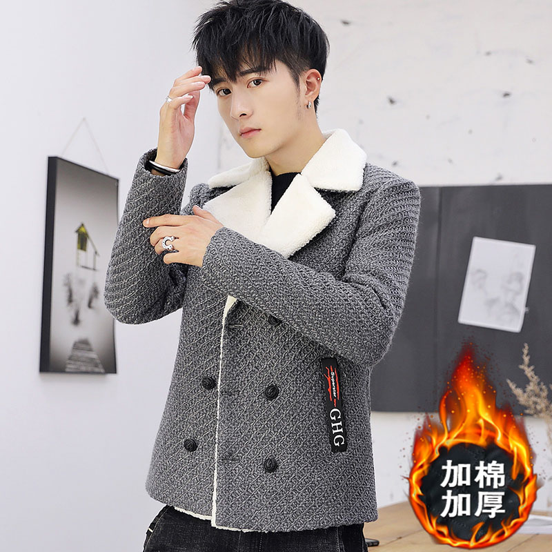Autumn Winter Teen New Pint Men Grain Fluff Collar Short knitted woolen Cotton Thickened Jacket Small West Suit