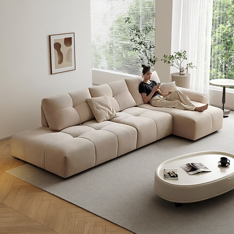 Chenille Pixel Fabric Sofa, French Cream Style, Living Room Straight Row Adjustable Modular Chaise Sofa, Tofu Block