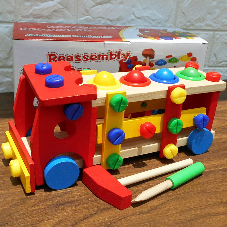Children's puzzle toy wooden removable car boy baby hands-on removable screw nut combined assembly tool