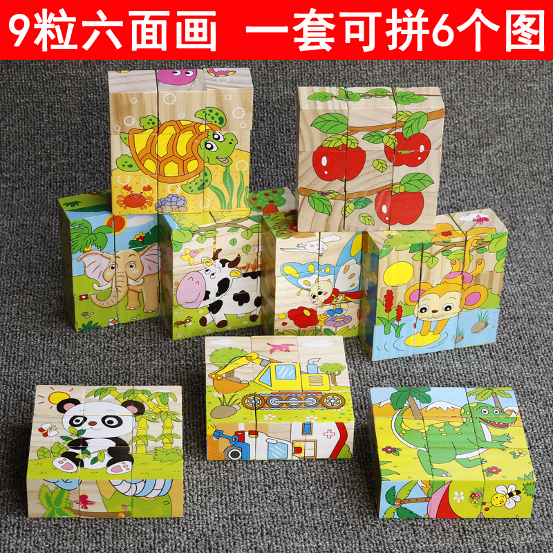 Six faces painted wood 9 grain 3D Cubism Jigsaw Wooden Kindergarten Tong Babies Early Education Puzzle Toys 3-6 years old