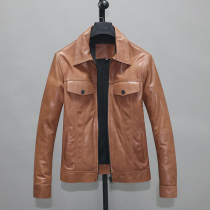 Brown full-planted tanned Mountain Sheep leather leather clothing male body upturned in denim Locomotive Jacket Multi-Pocket Mens Jacket