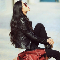 Sheep leather leather clothing womens slim short stand-up collar off belt jacket jacket Womens threaded sleeve Ling grid shoulder