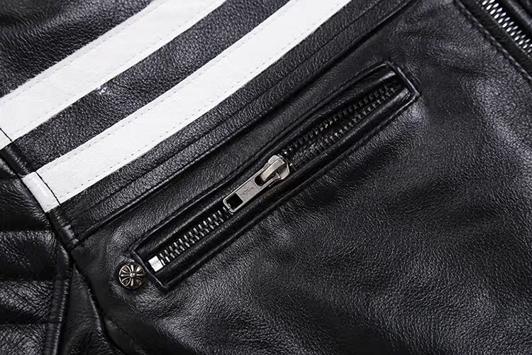 Da bò Thêu Da Da Nam Slim Slim White Strip Jacket Áo khoác xe máy nặng Quần áo đứng Cổ áo Kích thước lớn Mặc nam áo khoác nam