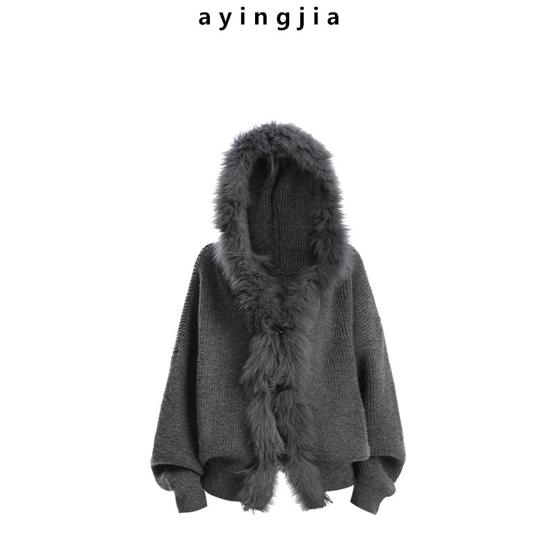 In Stock! American-Style Design with Large Fur Collar, Hooded Sweater for Women, Autumn and Winter, Lazy Style, Warm Knitted Cardigan Top