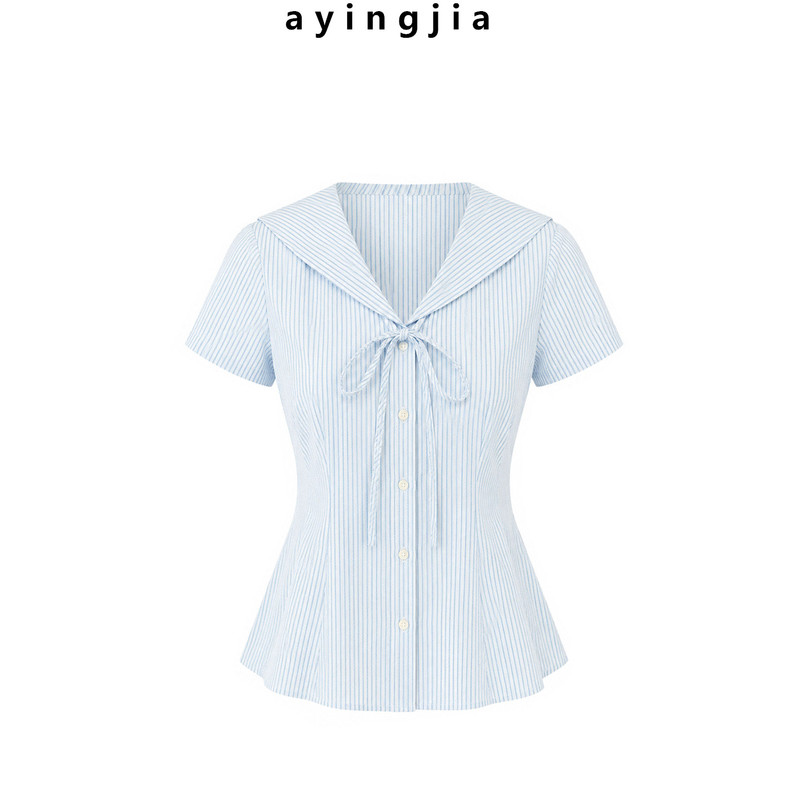 In Stock! 【Sea Breeze Weaving Dreams】Navy Collar Blue and White Striped Short-Sleeve Shirt for Women with Lace Bow Embroidery Top In Stock! 【Sea Breeze Weaving Dreams】Navy Collar Blue and White Striped Short-Sleeve Shirt for Women with Lace Bow Embroidery Top