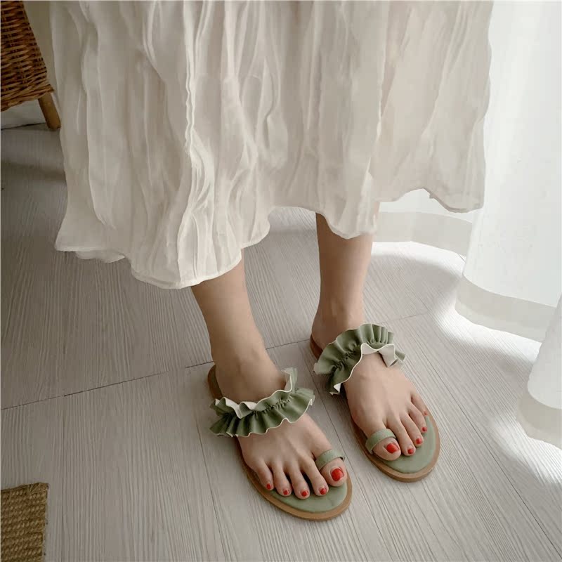 Đặc biệt cung cấp thông tin phản hồi ~ set toe nhẹ nhàng cổ tích nhỏ sen lá ren mềm đế Hàn Quốc dép phẳng dép dép nữ giày - Dép giày dép