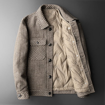 Winter mens short detachable liner white duck down jacket casual wool woolen cloth coat Plaid tide