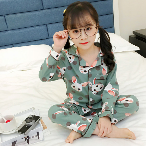 Children's pajamas spring and autumn thin pure cotton suit cardigan baby middle-aged and older girls long-sleeved parent-child home wear