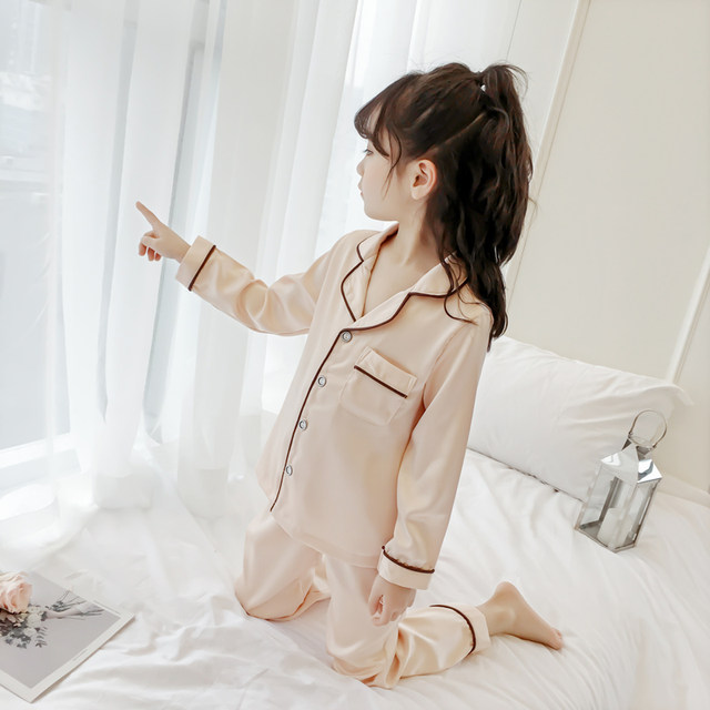 Girls' pajamas thin ice silk children's spring and summer long-sleeved silk baby children's spring and autumn home clothes suits