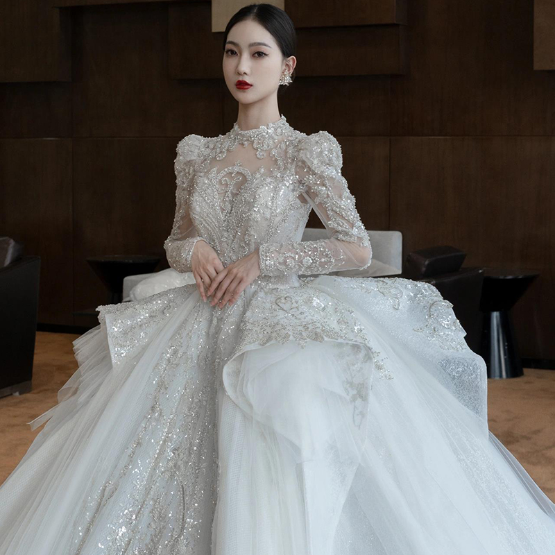(Jinghe) French wedding dress 2021 new long sleeve high texture main yarn wedding luxury super fairy tail