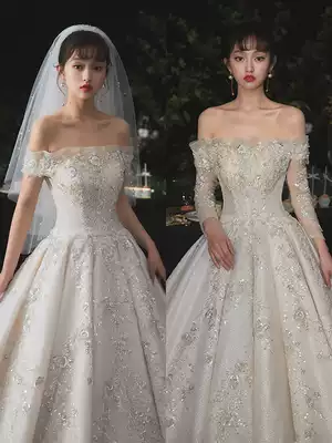 European-style luxury wedding dress 2020 new drag-and-drop quality forest super fairy dream thin one-shoulder heavy industry to cover the pregnant belly