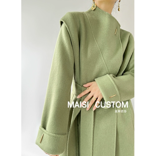 Зеленое двусторонное кашемировое демисезонное длинное шерстяное шерстяное пальто, изысканный стиль, городской стиль