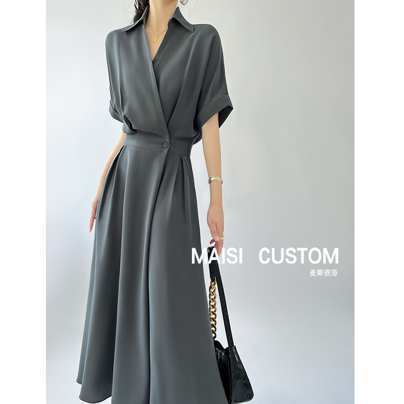 Ice-Feel Anti-Wrinkle Shirt Dress for Women, New Summer Style, Waist-Cinching, Slimming Long Dress, Elegant and Sophisticated Gray Dress for Commuting Ice-Feel Anti-Wrinkle Shirt Dress for Women, New Summer Style, Waist-Cinching, Slimming Long Dress, Elegant and Sophisticated Gray Dress for Commuting