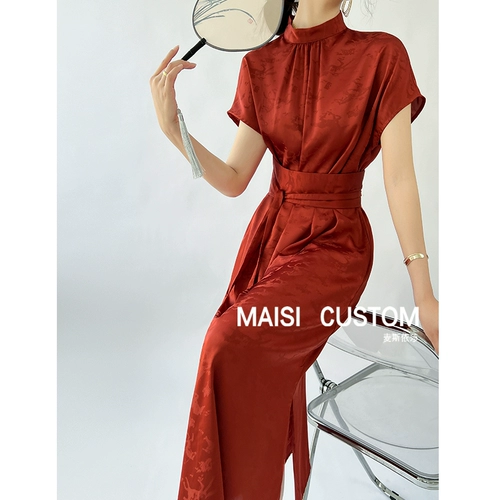 Красное летнее платье, ретро длинная юбка, ципао, китайский стиль, городской стиль, яркий броский стиль, по фигуре