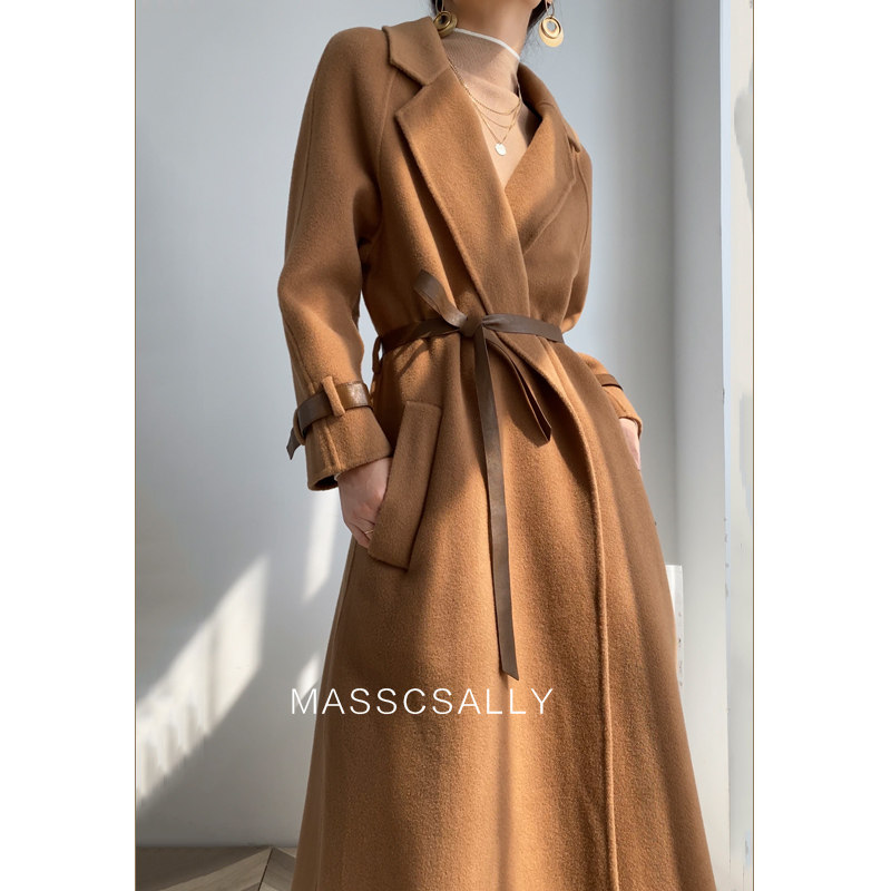 Cashmere coat women's mid-length 2021 new high-end double-sided woolen tie-up slim-fit woolen woolen coat