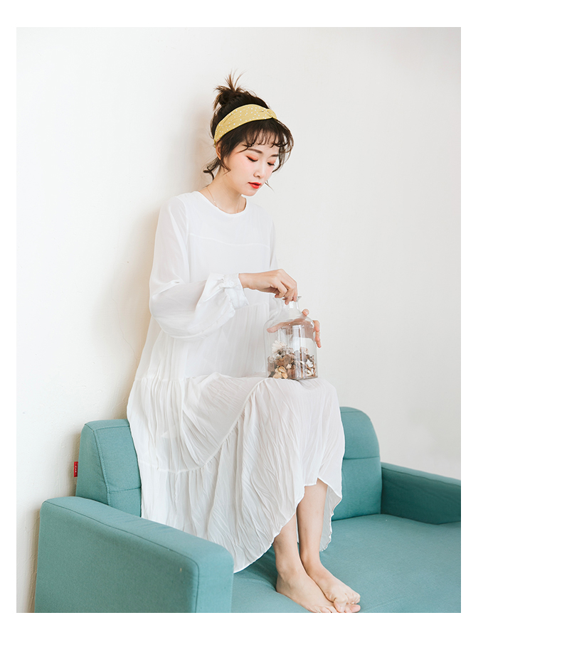 Đầm trắng tay dài xuân hè 2019 phiên bản mới của Hàn Quốc có cạp cao dài lệch thân váy tươi nhỏ - Váy eo cao mẫu váy khoét eo	