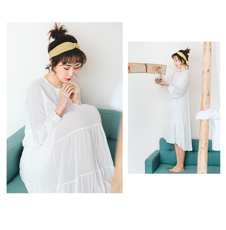 Đầm trắng tay dài xuân hè 2019 phiên bản mới của Hàn Quốc có cạp cao dài lệch thân váy tươi nhỏ - Váy eo cao mẫu váy khoét eo	