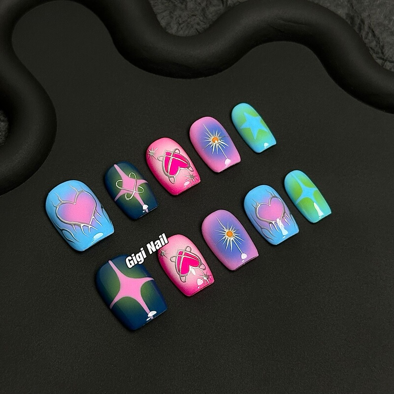 Gigi Nail Art Dopamine Color Series Manicure Exquisite Hand-Painted Line Elements Design Y2K Handmade Wearable Nail Art