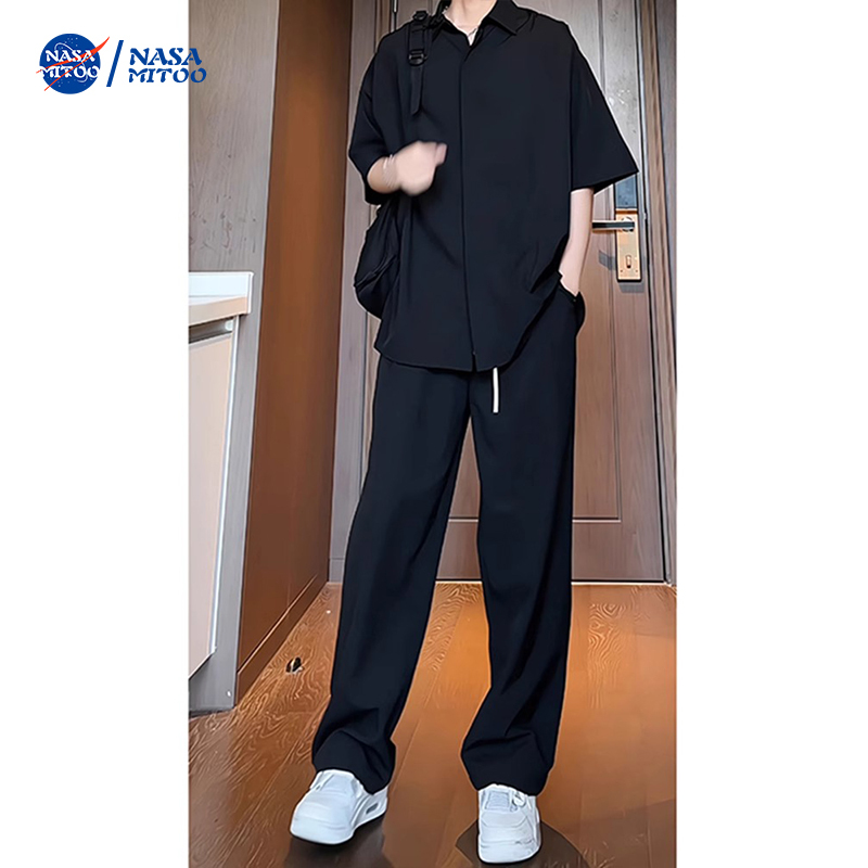 Nasa Ice Silk Short-Sleeved Shirt and Trousers Two-Piece Suit for Men, Summer Thin Style, Cool and Handsome Outfit, Men's Clothing Set