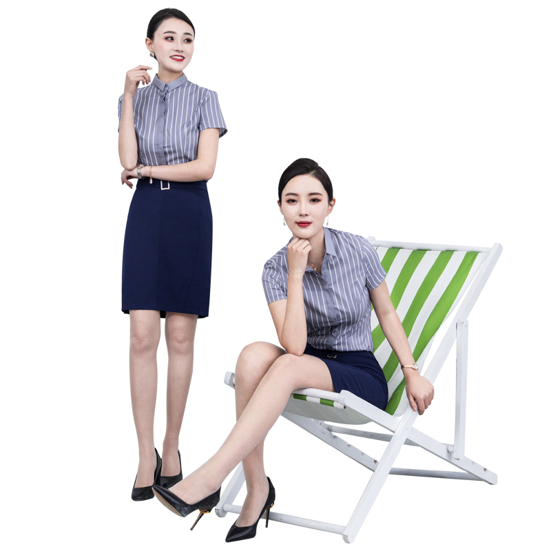 Workwear biểu tượng tùy chỉnh thời trang chuyên nghiệp phù hợp với phụ nữ trang phục của mùa hè ngắn tay sọc váy phong cách chuyên nghiệp phụ nữ bảo hộ lao động của