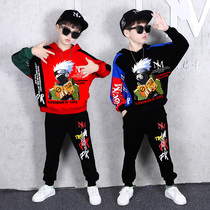Boys sports suit Spring and Autumn 2021 Spring boys middle and large childrens loose tide clothes Childrens hip-hop hip-hop dance two-piece set