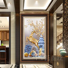 Вышитая картина 现代欧式玄关钻石画满钻简约黄金发财鹿竖版点钻十字绣过道钻石绣