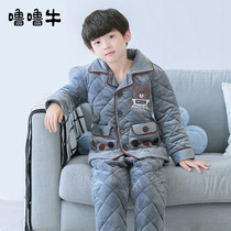 Childrens pajamas thickened boys winter children plus velvet boys coral velvet three-layer cotton home clothing winter