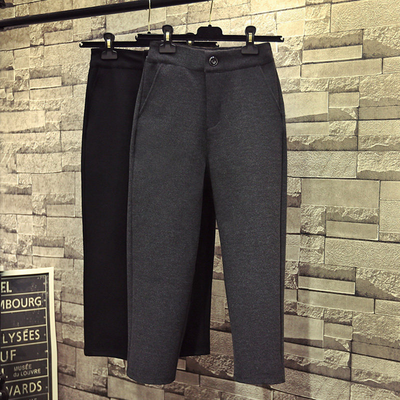 Wool wide leg pants women's autumn and Winter Korean version casual pants loose Harem pants Black radish pants straight nine-point pants thickened