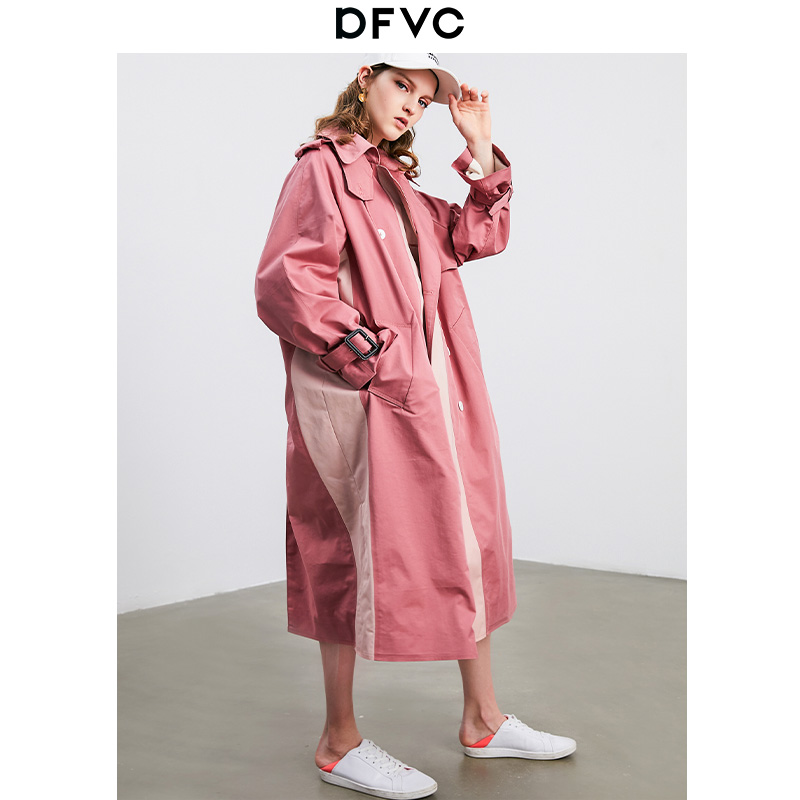 dfvc 2020 mùa xuân mới thường hồng loose-fitting đúp nút edicom áo khí giữa chiều dài của phụ nữ so với đầu gối mỏng