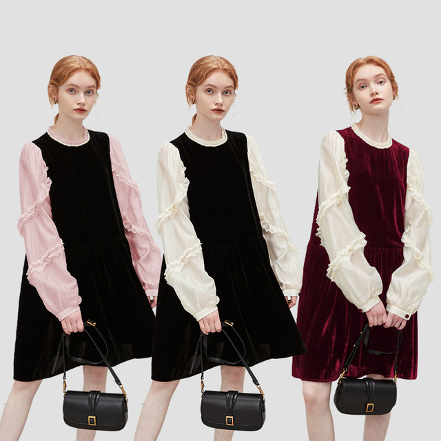 dfvc Contrast Color Fungus Puff Sleeve Velvet Dress Women's Autumn 2023 New Long Sleeve A-Line Little Black Dress