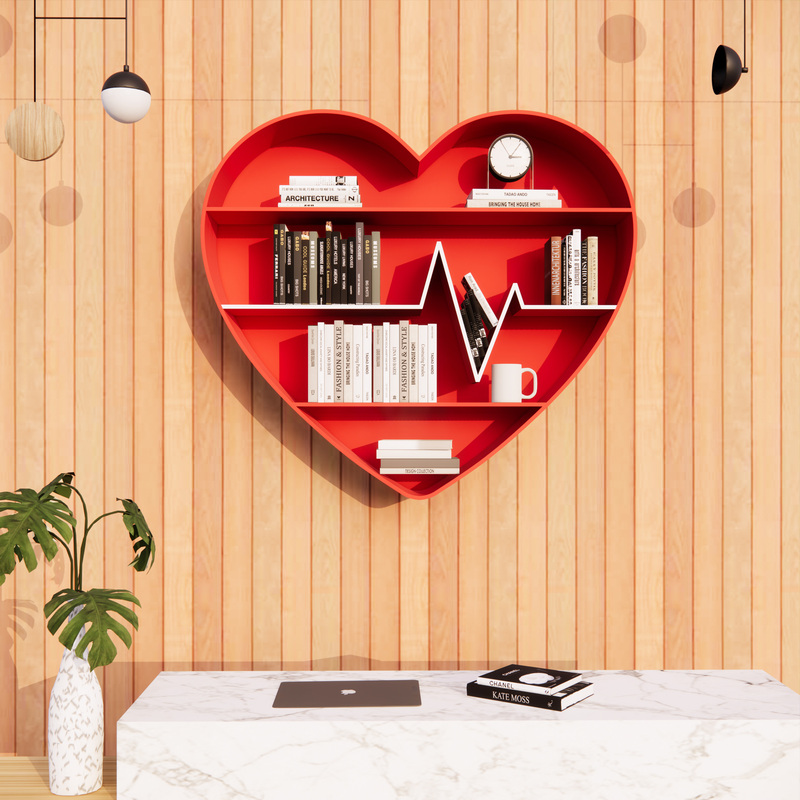 Wrought Iron Heart-Shaped Wall Decoration, Simple Heart-Shaped Bookshelf for Library Walls, Office Display Bookcase