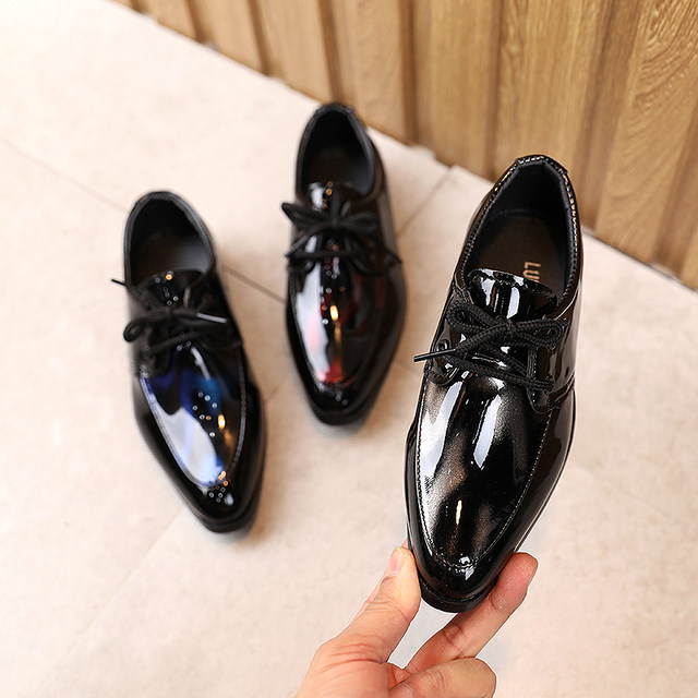 2022 new children's single shoes black leather shoes children's British style black lace-up performance shoes boys pointed dress shoes