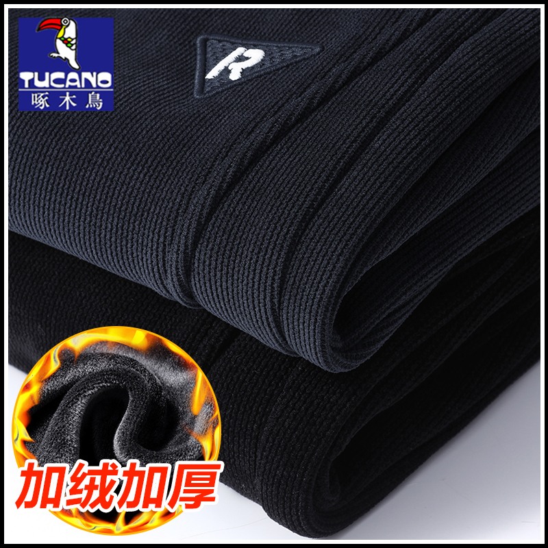 Woodpecker Brand Autumn and Winter Fleece-Lined Thick Corduroy Sweatpants for Men, Winter Jogger Drawstring Casual Pants for Men
