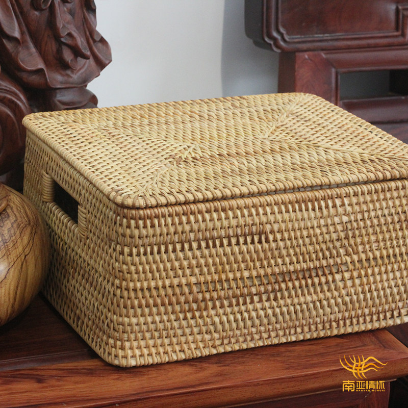 Rattan desktop sundries storage box storage box clothes finishing box storage basket with lid with cover Nordic