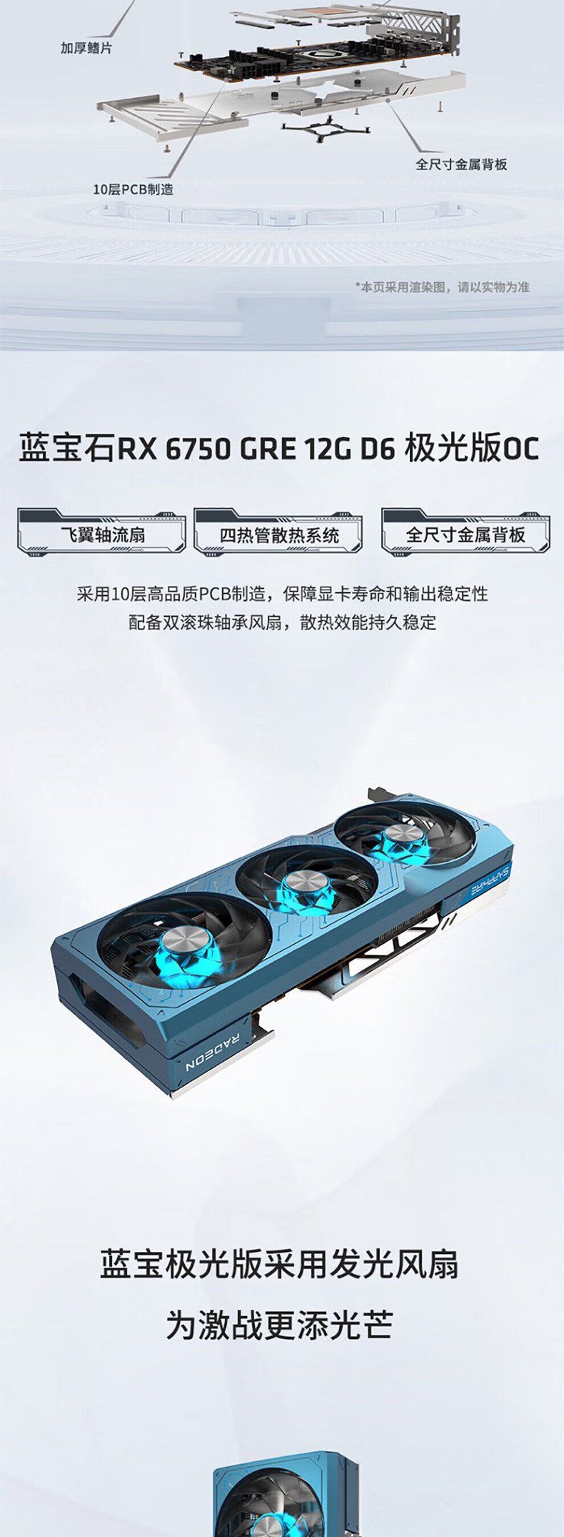 Видеокарта amd蓝宝石rx6750 gre 12g极地版白金白色 吃鸡游戏台式机电脑显卡