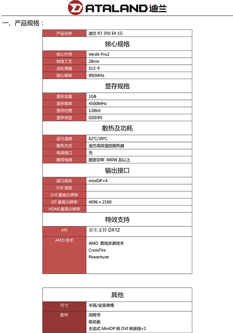 Видеокарта 迪兰恒进r7 350e4 1g超能 128bit四屏输出卡 多屏专业卡 炒股专用 Dataland
