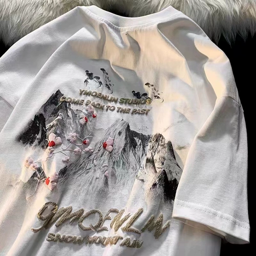 Трендовая летняя футболка с коротким рукавом, китайский стиль, с вышивкой, короткий рукав, оверсайз