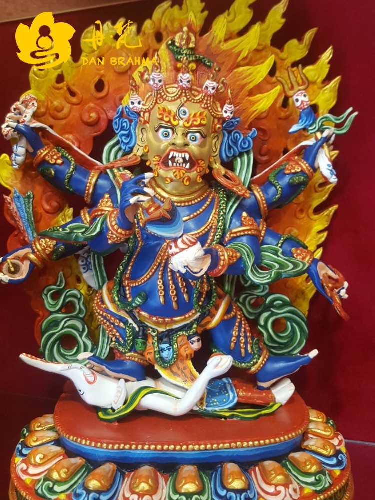 Six-armed Maha Galala statue Nepal full gilt painted statue big black sky bronze sculpture Tibetan ancient bronze sculpture