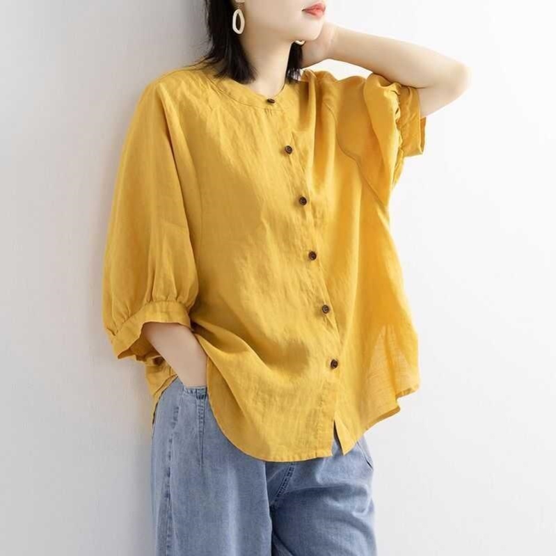 In the summer of 2020 new cotton shirt women wear retro - art coat sleeve - sized shirt woman