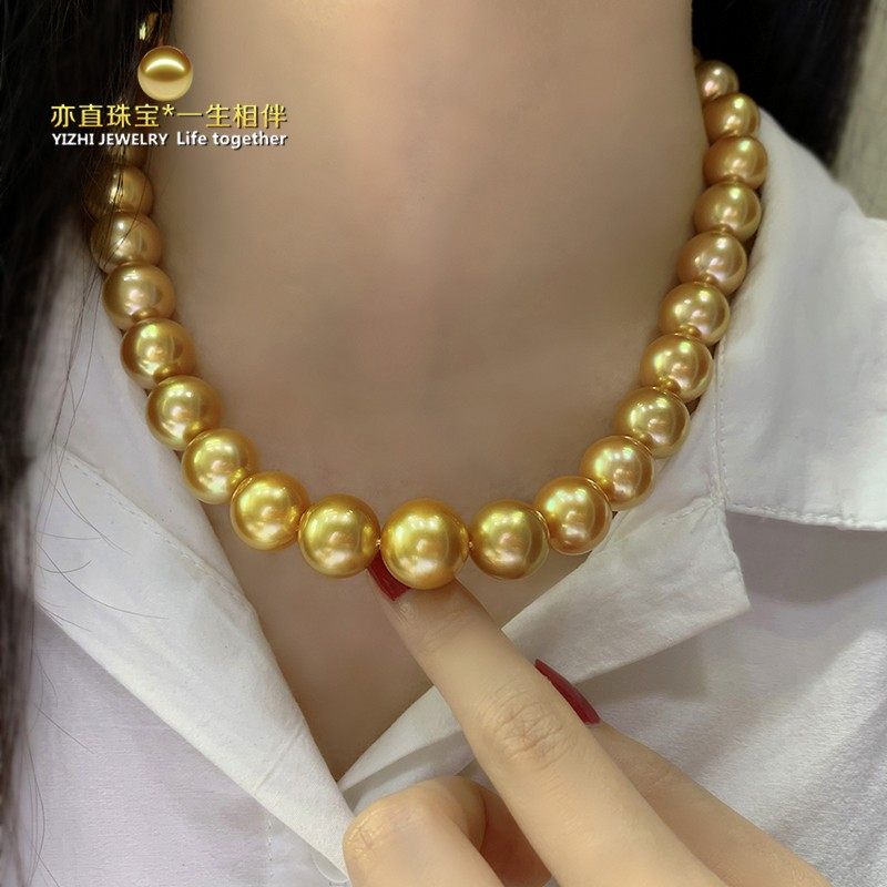 天然色浓金海水珍珠南洋金珠项链:吉尔德大证镜面极强光茶金色串珠,奢华与自然的完美邂逅!-颈饰-淘宝好物网