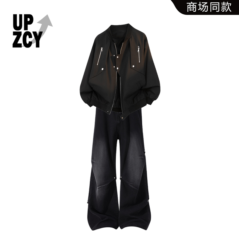 Upzcy American-Style Workwear Baseball Jacket Men's Autumn and Winter Loose Straight-Leg Jeans Two-Piece Set