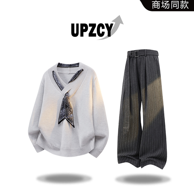 Upzcy American-Style Trendy and Unique Design Sweater for Men, Autumn Casual Lazy Style, Cool and Handsome Men's Two-Piece Set