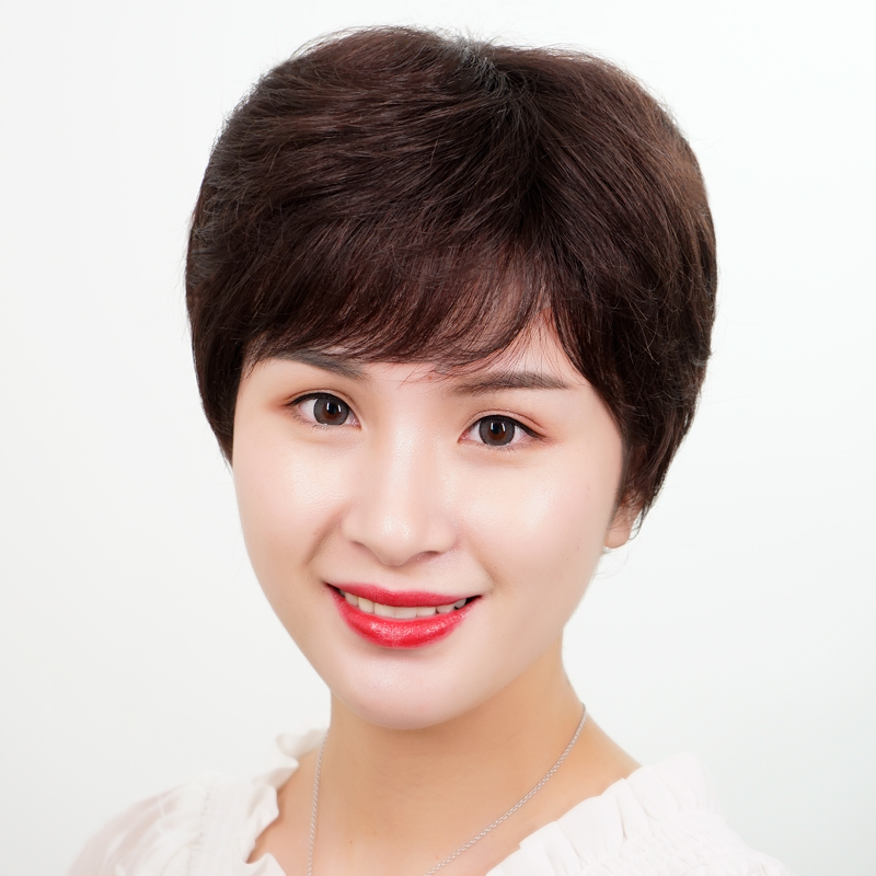 Middle-aged and elderly wig female short hair real hair short curly hair full head cover bald wig set realistic natural fluffy