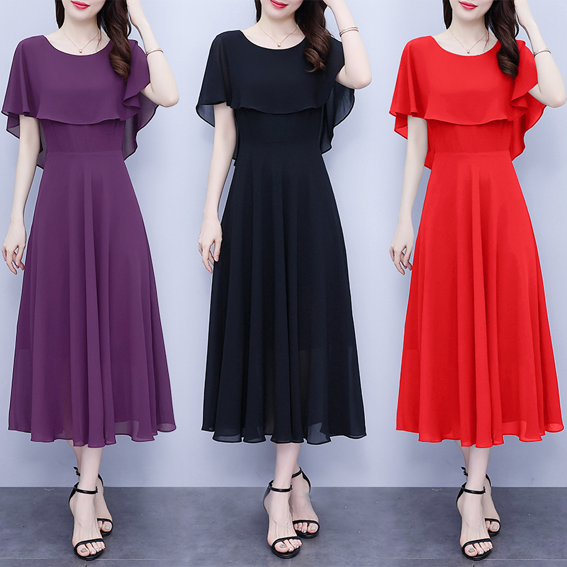 Mom's Chiffon Dress 2026 New Summer Fashion Waist-Cinching Slimming Elegant Versatile Square Dance Long Skirt Mom's Chiffon Dress 2026 New Summer Fashion Waist-Cinching Slimming Elegant Versatile Square Dance Long Skirt
