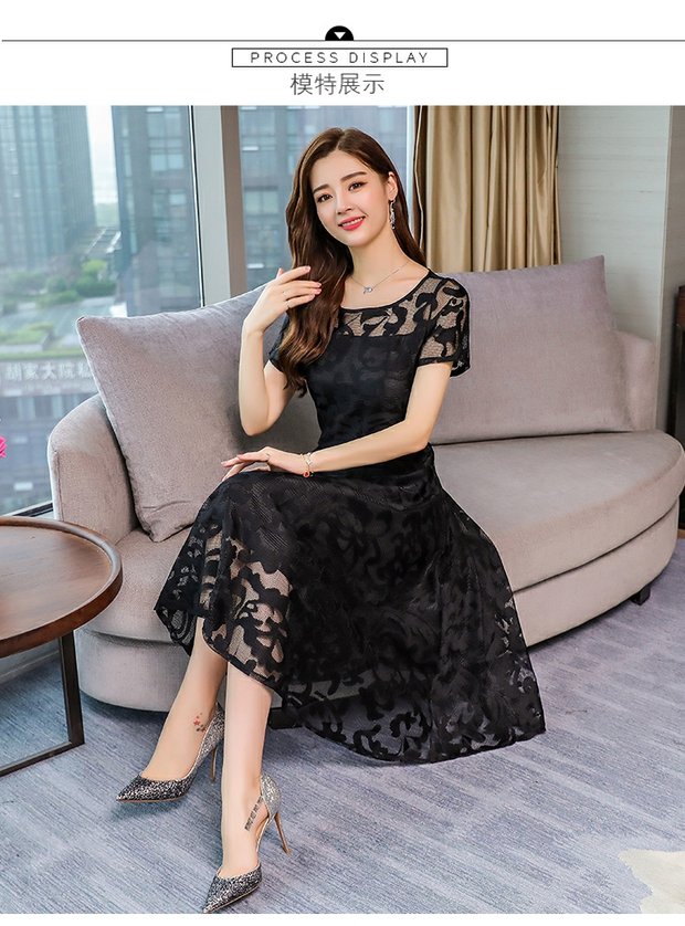 Kích thước lớn chất béo của phụ nữ mm mùa hè tính khí mới con lắc lớn Một từ phần dài eo giảm béo jacquard đầm ren đầm xòe trung niên