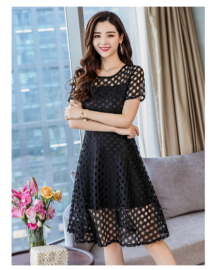 2018 mới chất béo mm mùa hè Hàn Quốc phiên bản của kích thước lớn nữ là mỏng bìa bụng phần dài Một từ hollow đầm ren đầm xòe tay dài