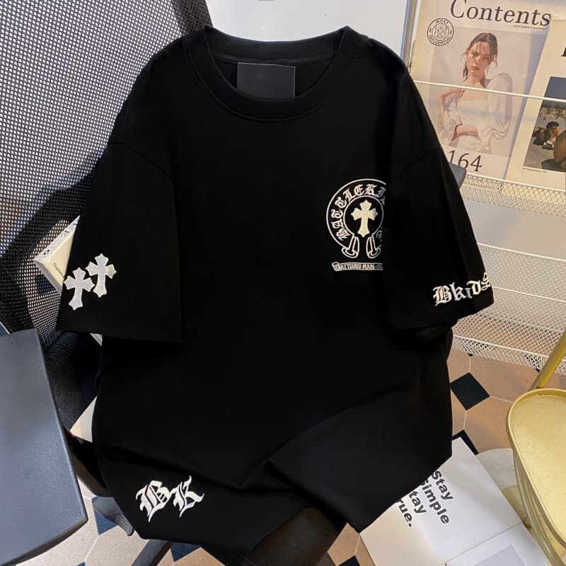 American Hip-Hop Cross Embroidery Short-Sleeved T-Shirt for Men, Summer Heavyweight Street Style Loose High-End Couple Style Top